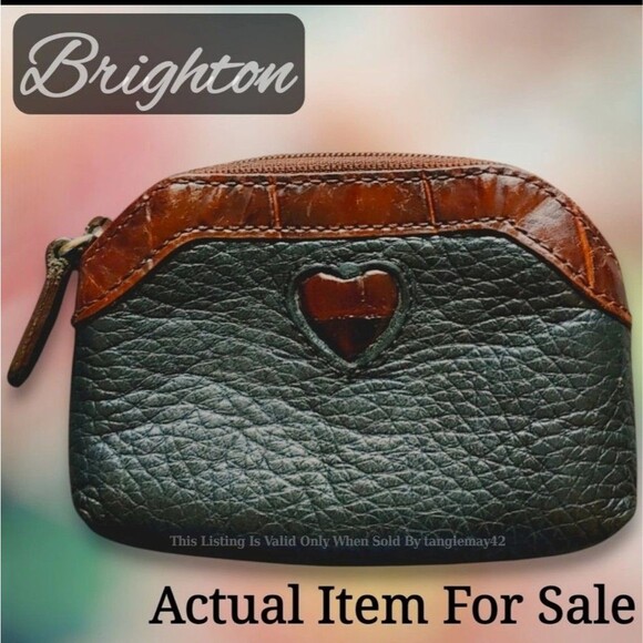 Brighton Black  Brown Genuine Leather Coin Purse Zip Top Small Two Tone Pebbled - Picture 1 of 9